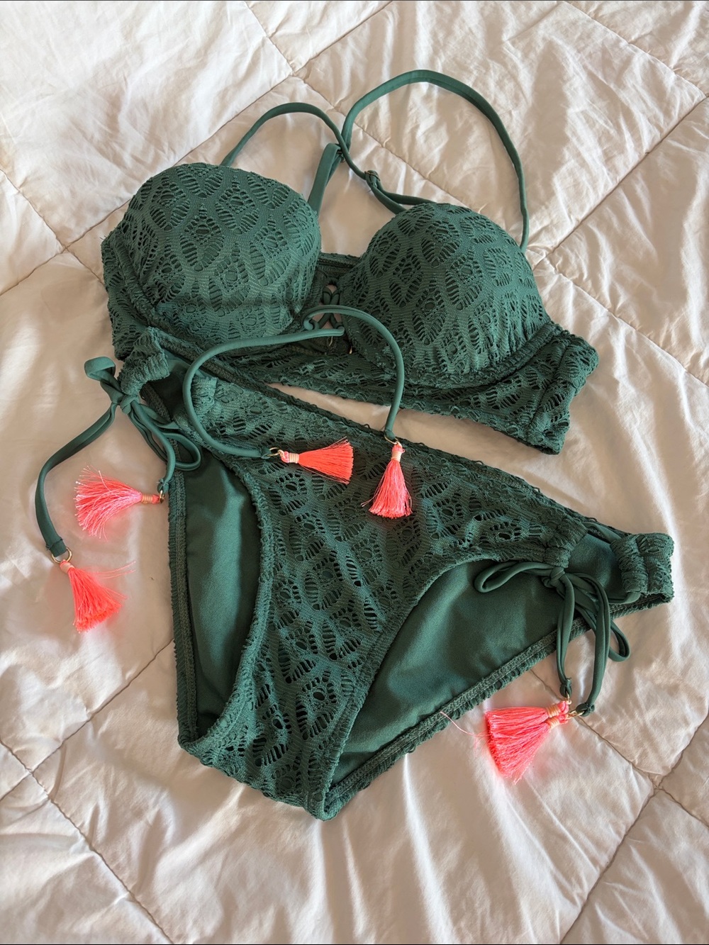 Women’s Green Crochet Lace Bikini with Coral Tassels size small